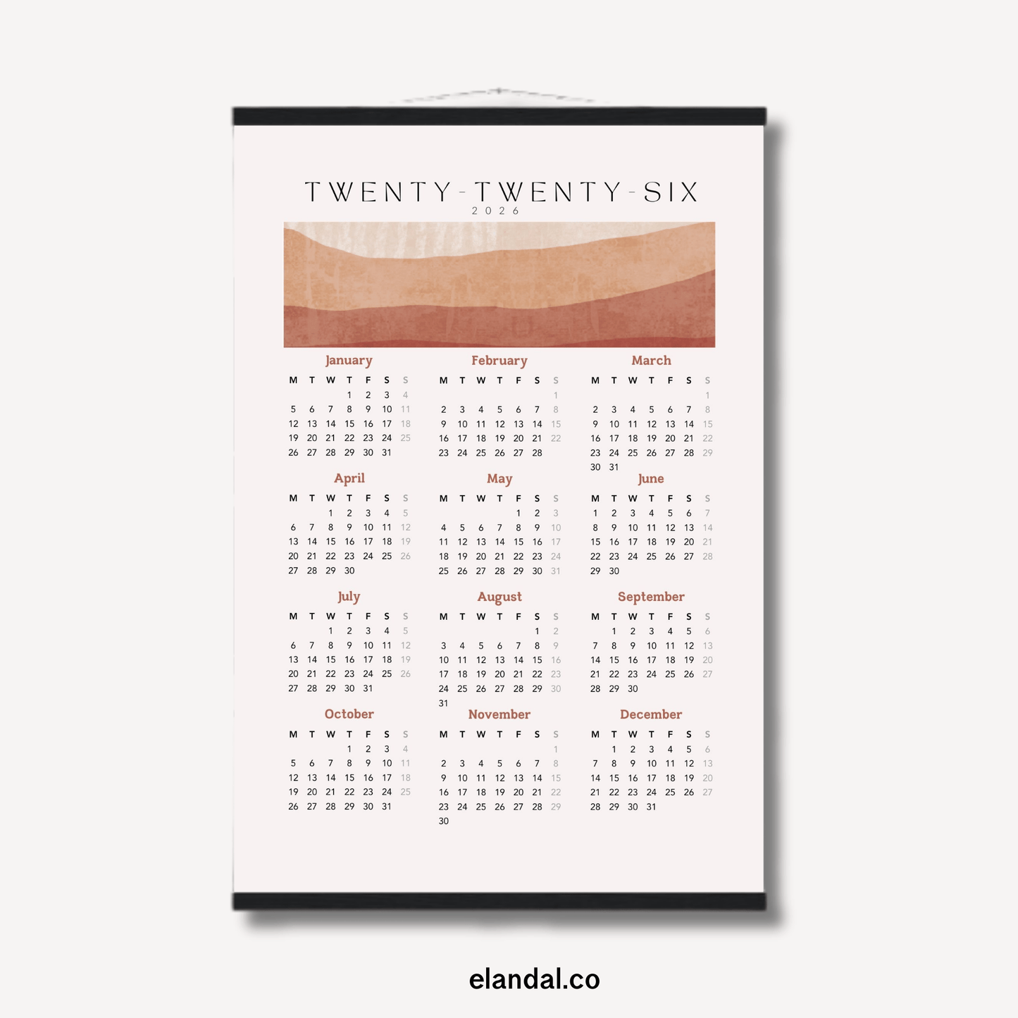 2026 Print Boho Desert Themed Poster Wall Calendar with Hangers