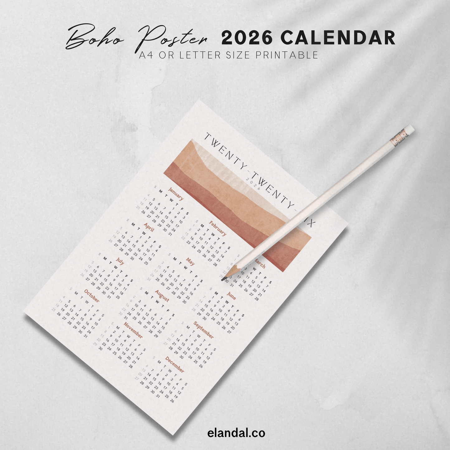 Calendario de póster bohemio para imprimir en 2025