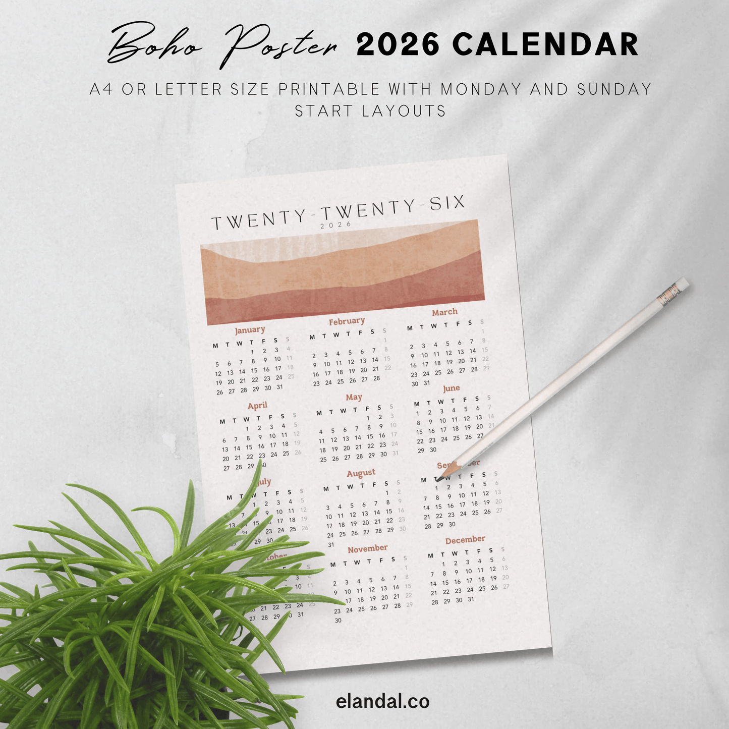 Calendario de póster bohemio para imprimir en 2025