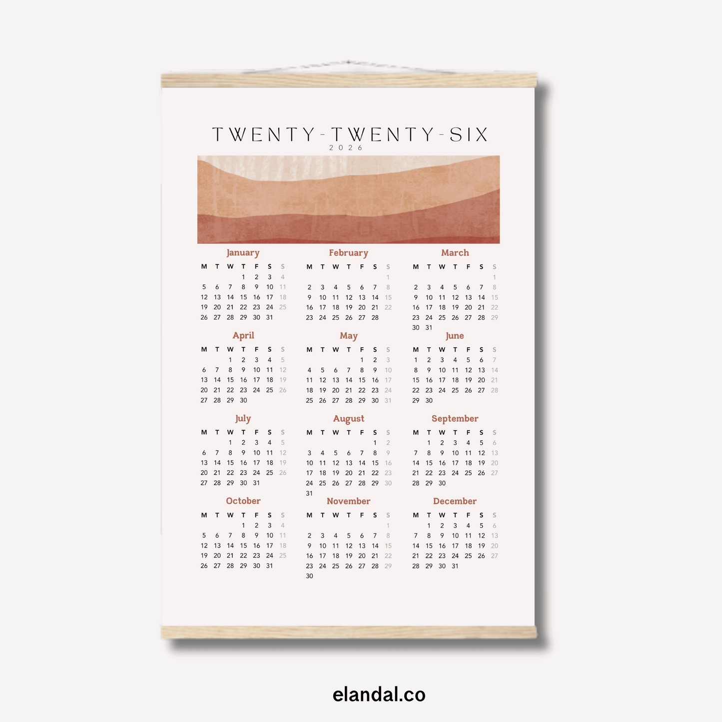 2026 Print Boho Desert Themed Poster Wall Calendar with Hangers