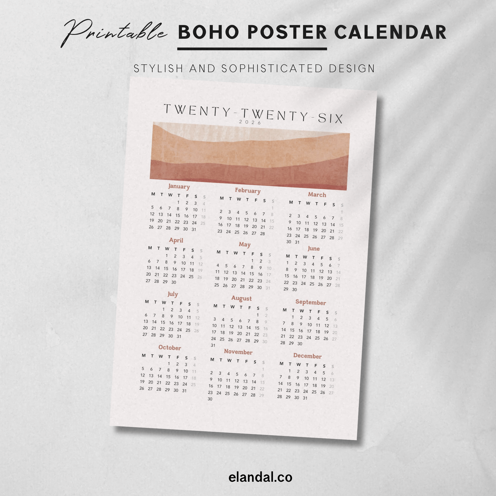 El Printable 2026 Printable Boho Desert One-Page Calendar – El and Al Co.