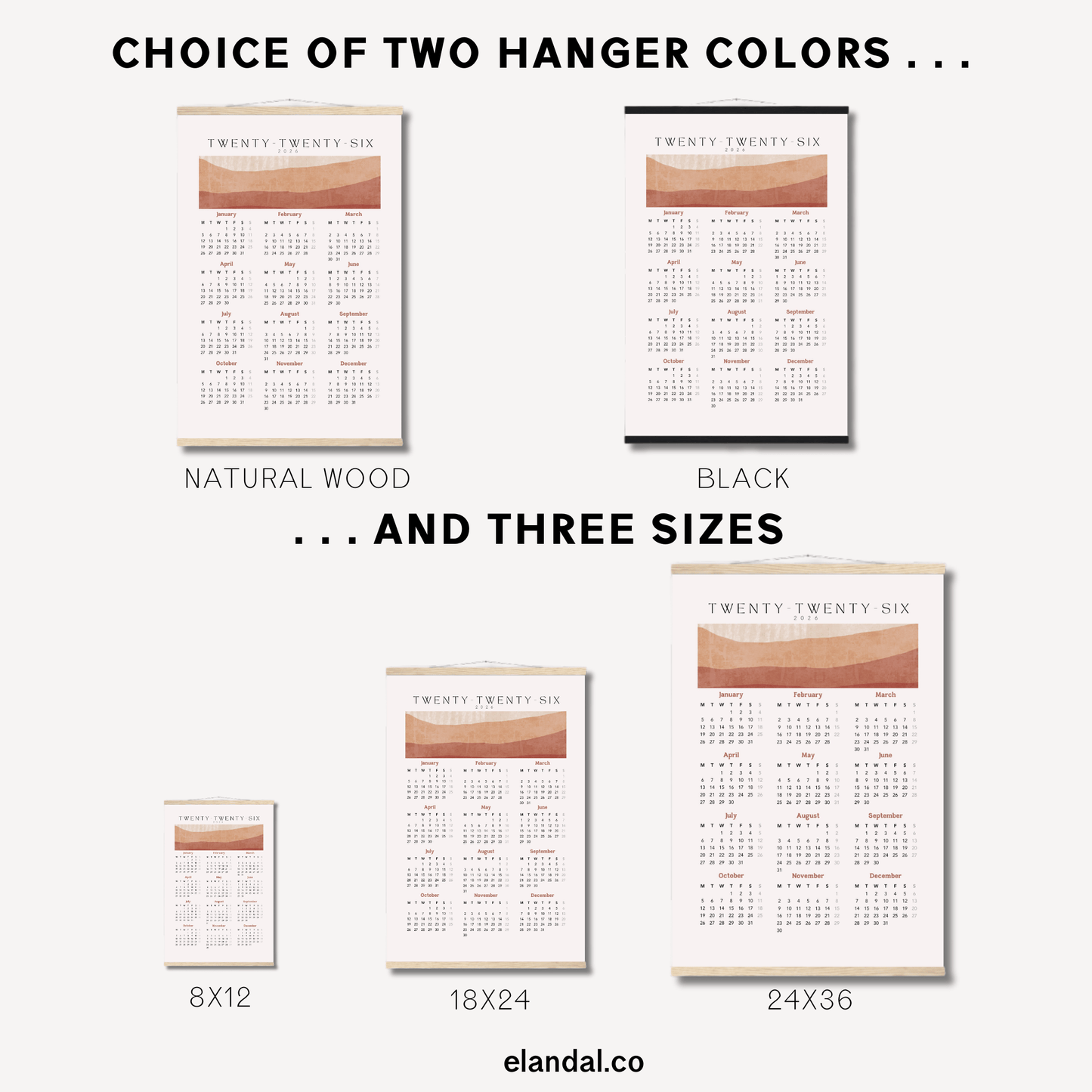 2026 Print Boho Desert Themed Poster Wall Calendar with Hangers