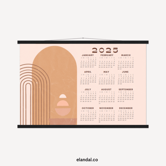 Calendario de pósteres con paisaje bohemio retro impreso para 2025 con perchas