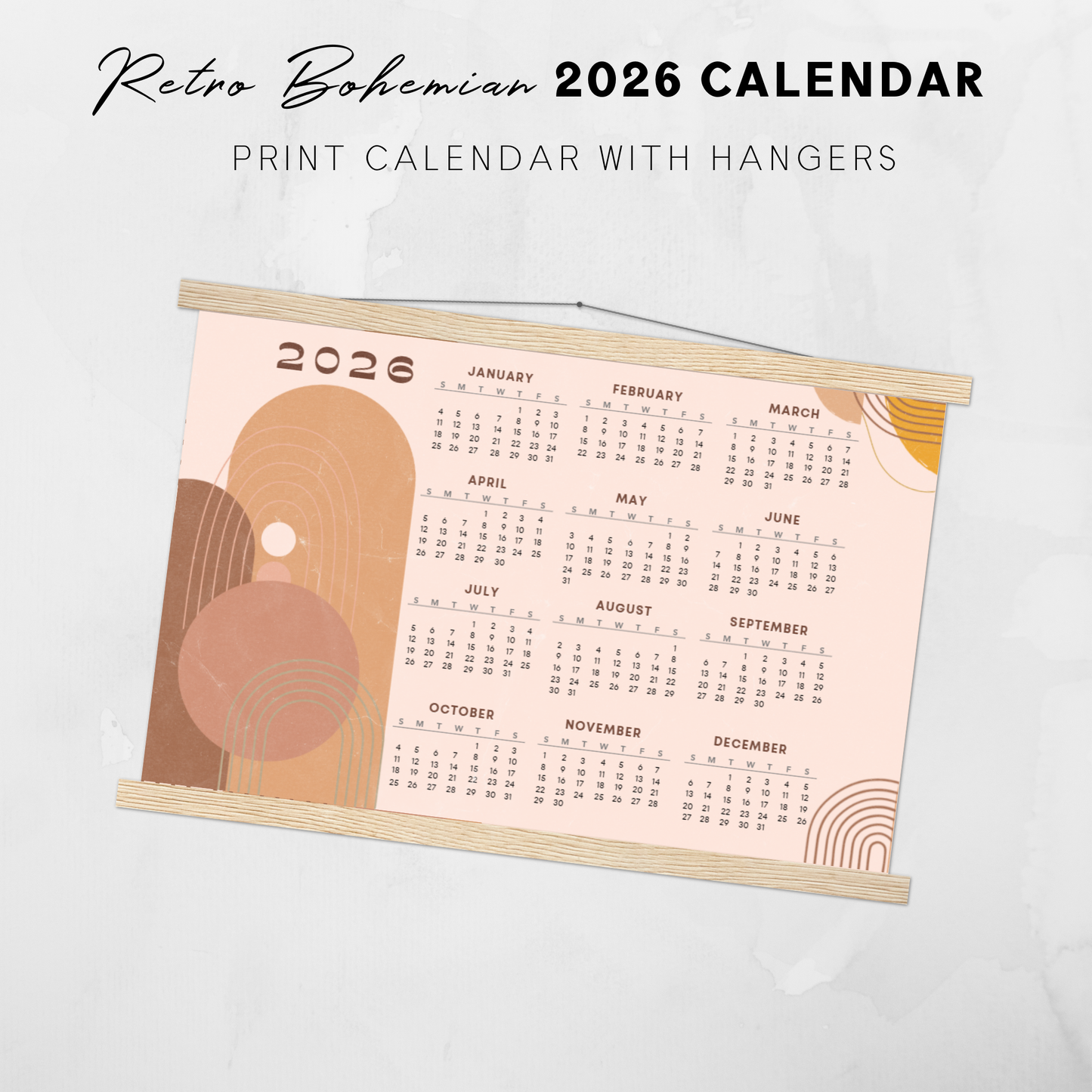 2026 Print Retro Bohemian Landscape Poster Calendar with Hangers