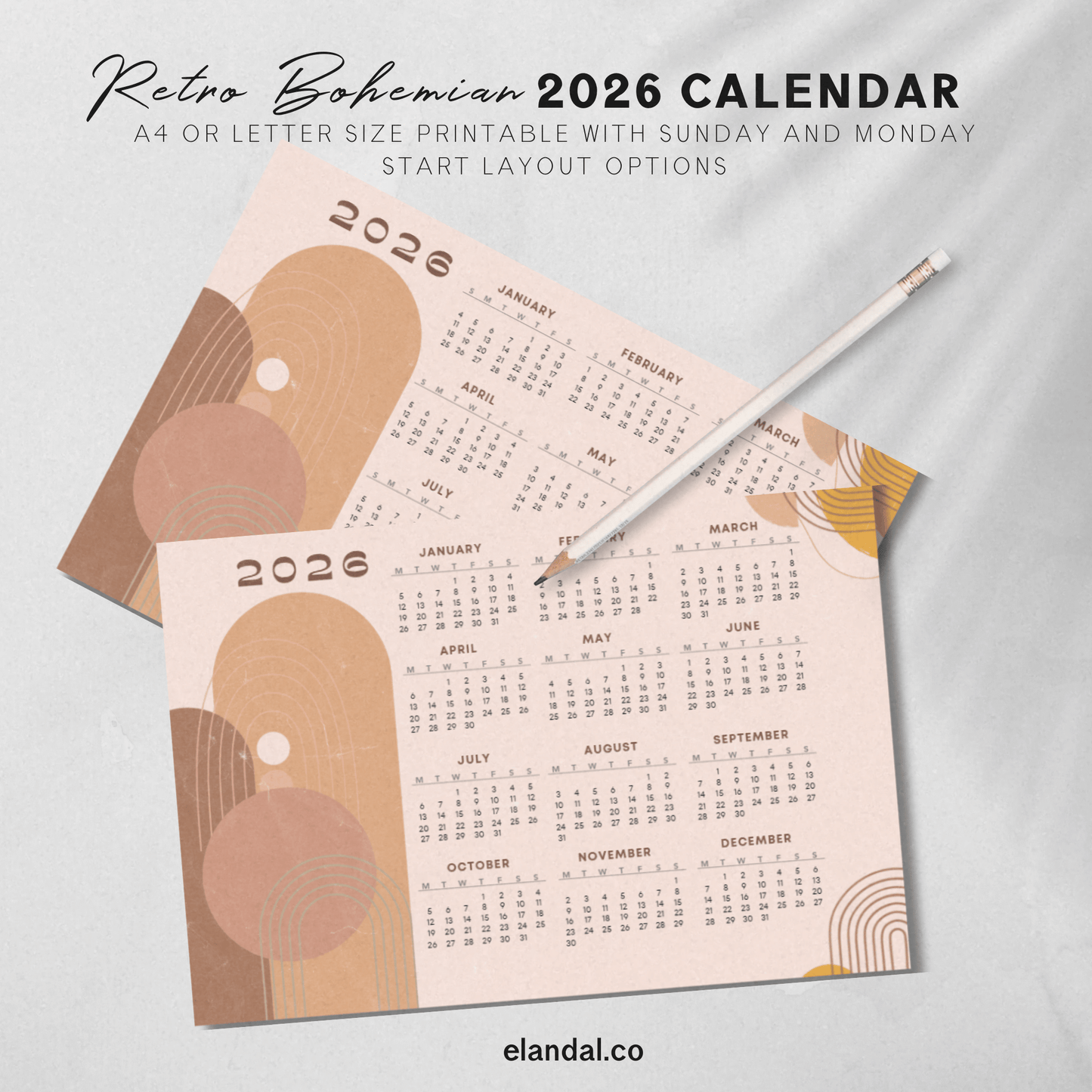 Calendario de pósteres de paisajes bohemios retro imprimible para 2025