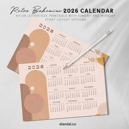 Calendario de pósteres de paisajes bohemios retro imprimible para 2025