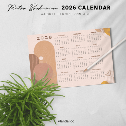 Calendario de pósteres de paisajes bohemios retro imprimible para 2025