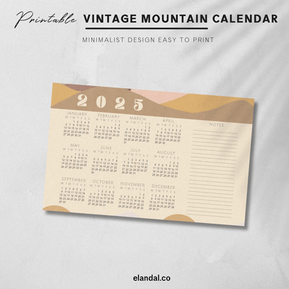 Calendario vintage con paisajes de montañas para imprimir en 2025