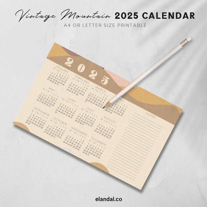 Calendario vintage con paisajes de montañas para imprimir en 2025