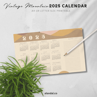 Calendario vintage con paisajes de montañas para imprimir en 2025