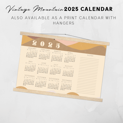 Calendario vintage con paisajes de montañas para imprimir en 2025
