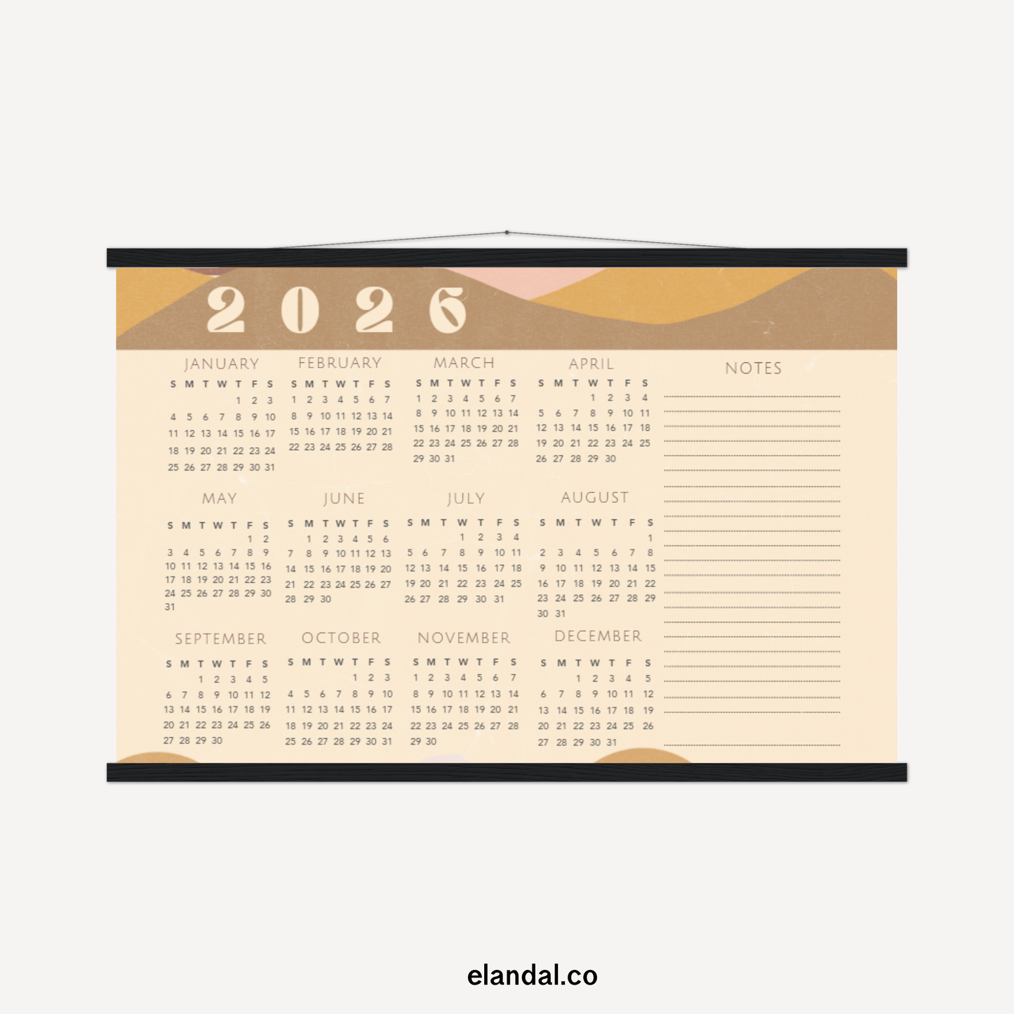 2026 Print Vintage Mountains Landscape Poster Calendar with Hangers