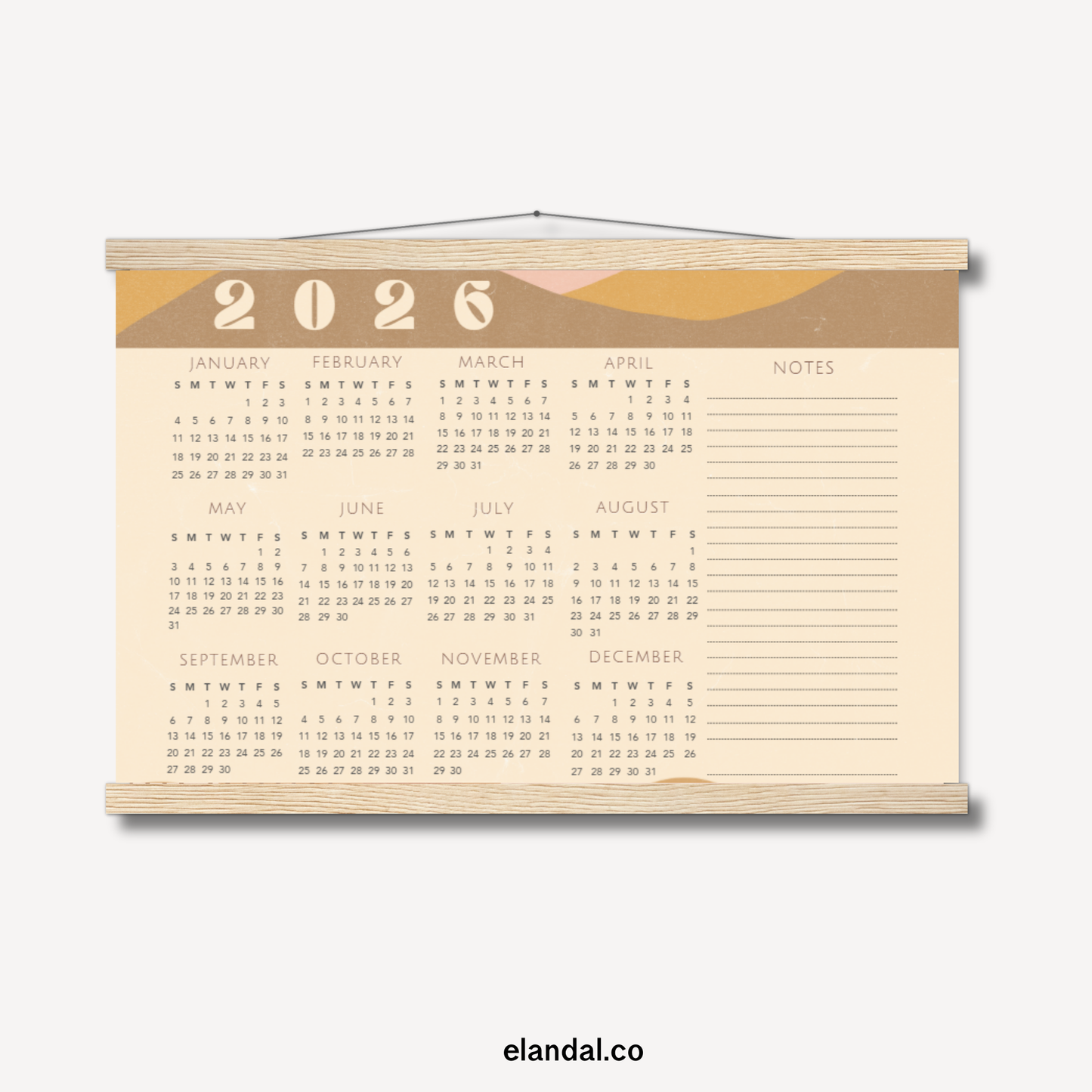 2026 Print Vintage Mountains Landscape Poster Calendar with Hangers