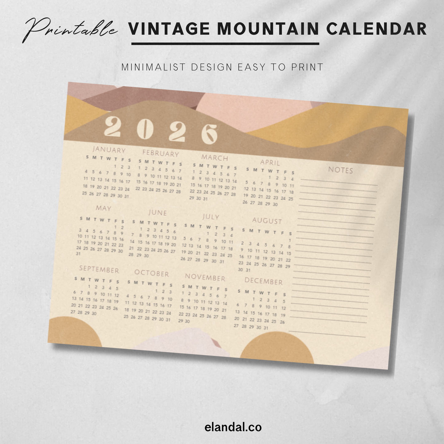 Calendario vintage con paisajes de montañas para imprimir en 2025