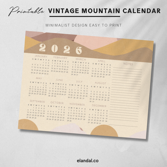 2026 Printable Vintage Illustrated Mountains Landscape Calendar