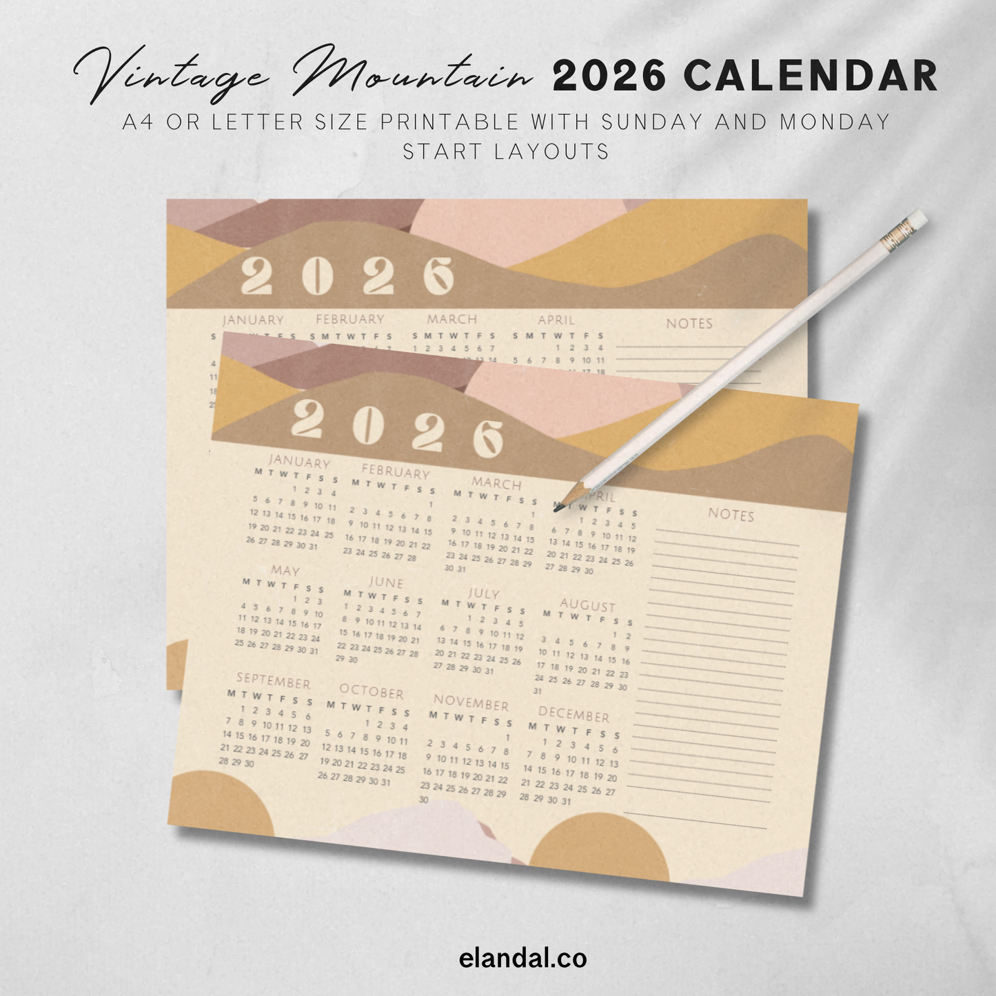 Calendario vintage con paisajes de montañas para imprimir en 2025