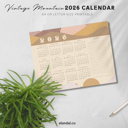 Calendario vintage con paisajes de montañas para imprimir en 2025