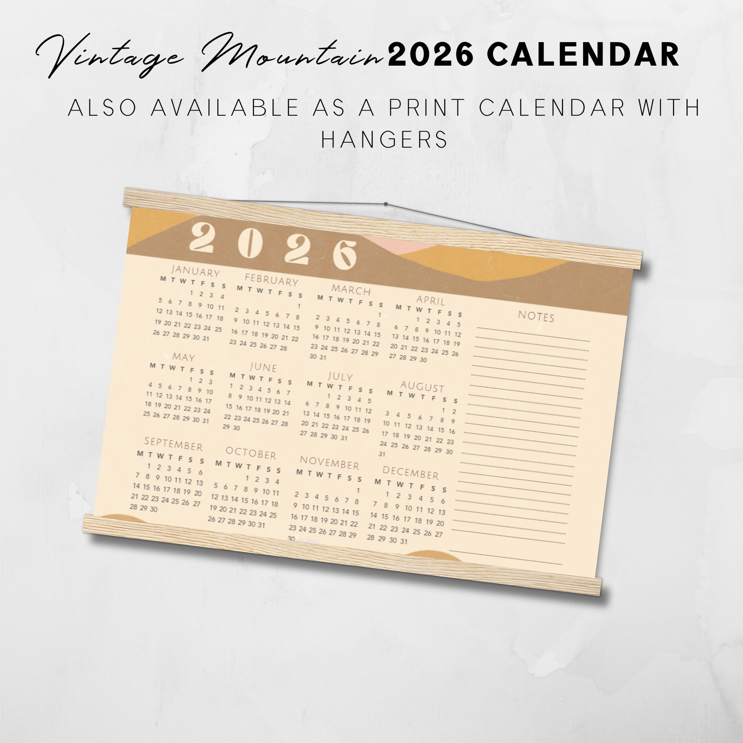 Calendario vintage con paisajes de montañas para imprimir en 2025