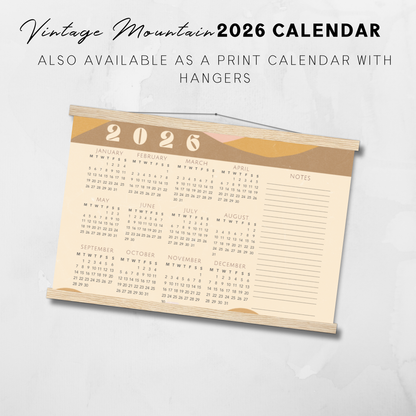 Calendario vintage con paisajes de montañas para imprimir en 2025