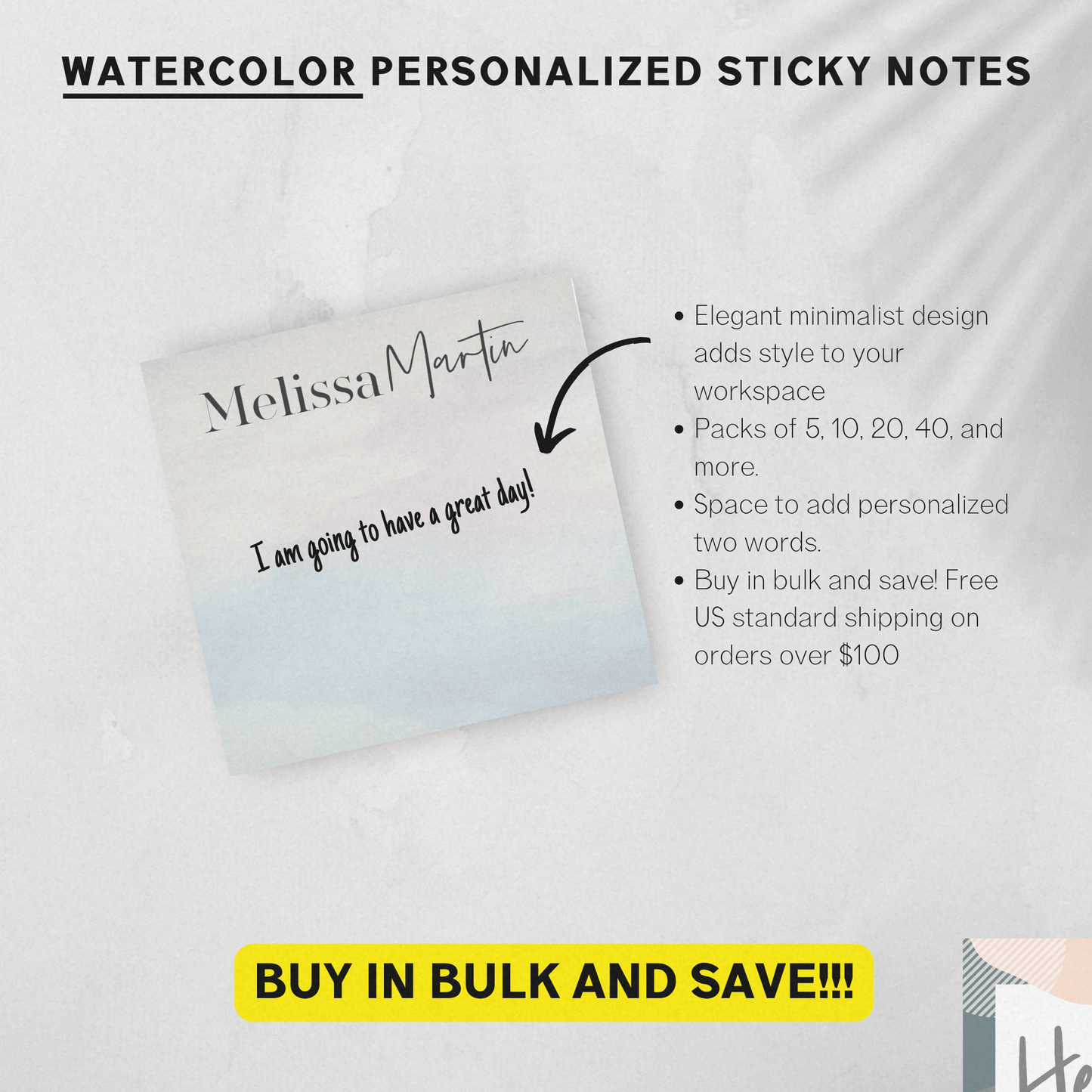 Personalized Watercolor Sticky Notes - Custom Office Stationery