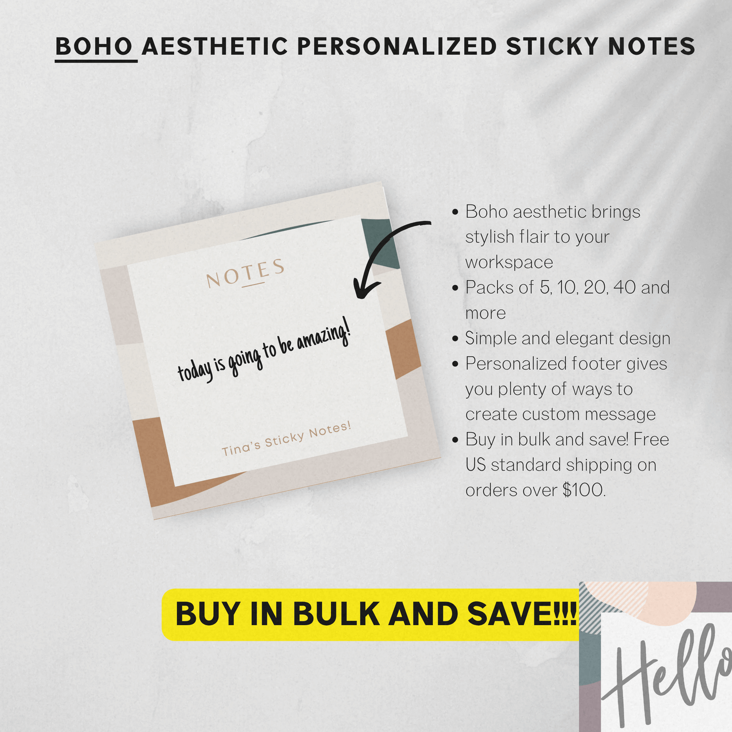 Personalized Boho Aesthetic Sticky Notes, 3x3 in Mini Notepads, Custom Stationery for Office or Workspace