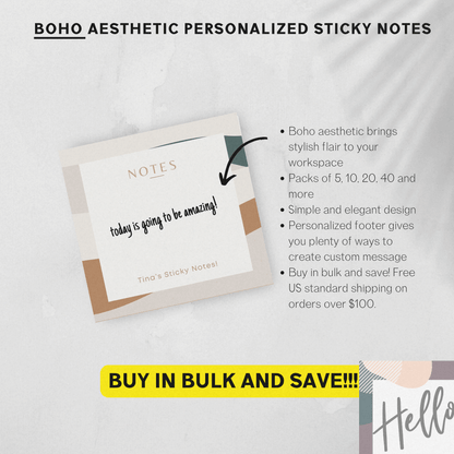 Personalized Boho Aesthetic Sticky Notes, 3x3 in Mini Notepads, Custom Stationery for Office or Workspace