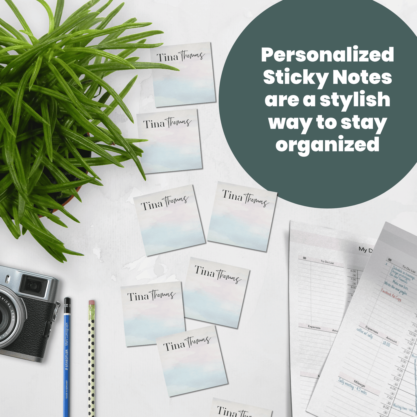 Personalized Watercolor Sticky Notes - Custom Office Stationery