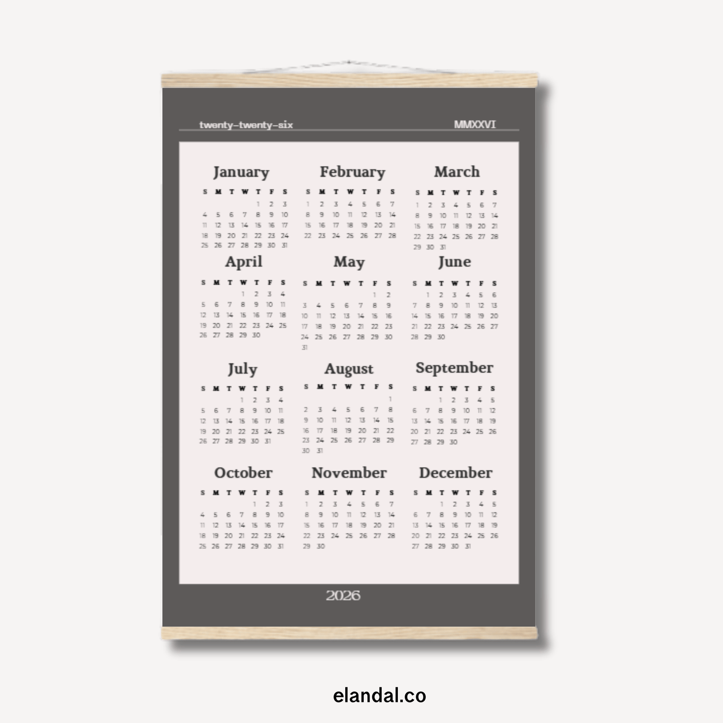 2026 Slate Grey Bordered Off White Print Poster Calendar with Hangers