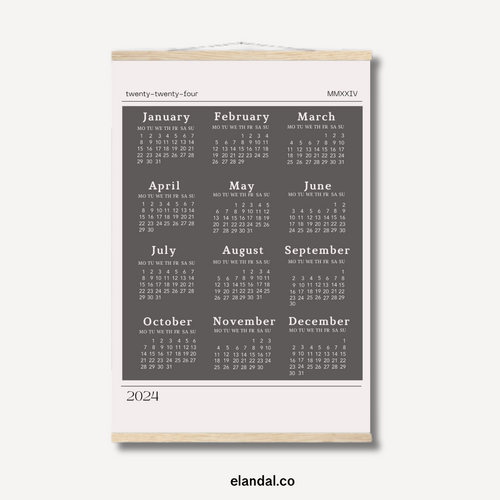 2024 Slate Grey Poster Calendar - Light Border with Hangers
