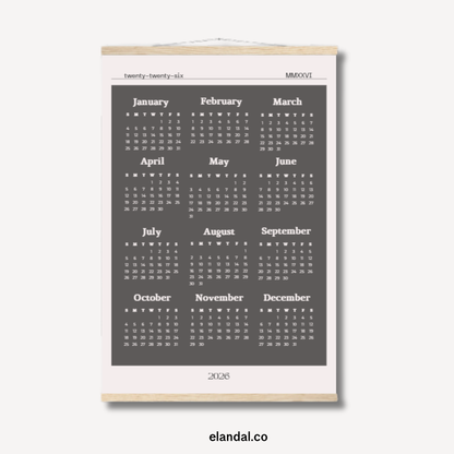 2026 Slate Grey Poster Print Calendar - Light Border with Hangers