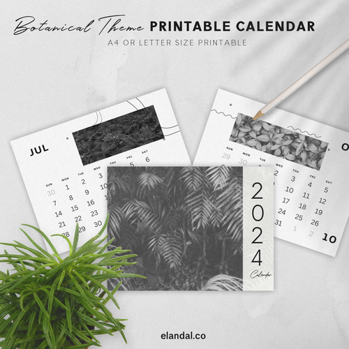 2024 Printable Black and White Botanical Landscape Calendar