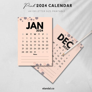 2024 Printable Pink Abstract Design Calendar