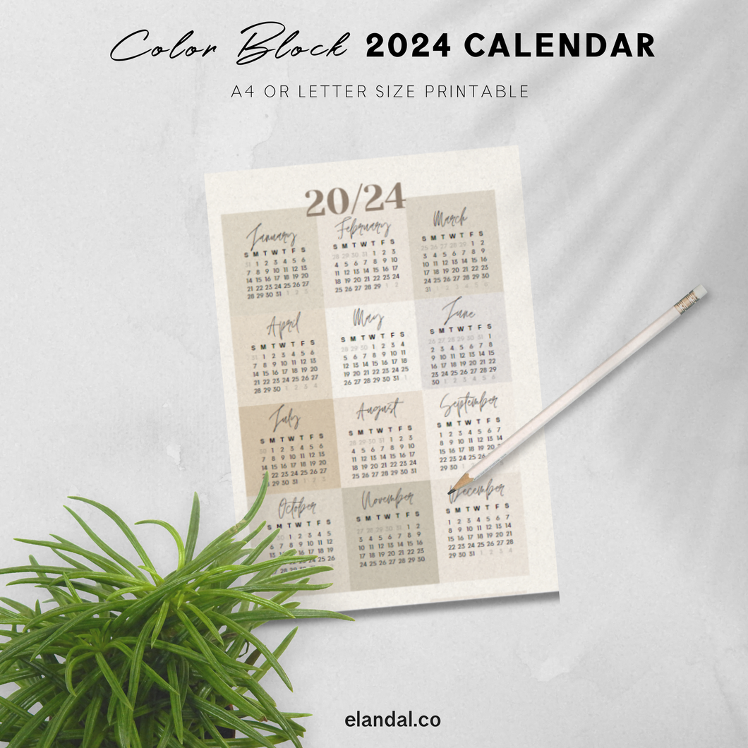 Printable 2024 Neutral Color Block Poster Calendar