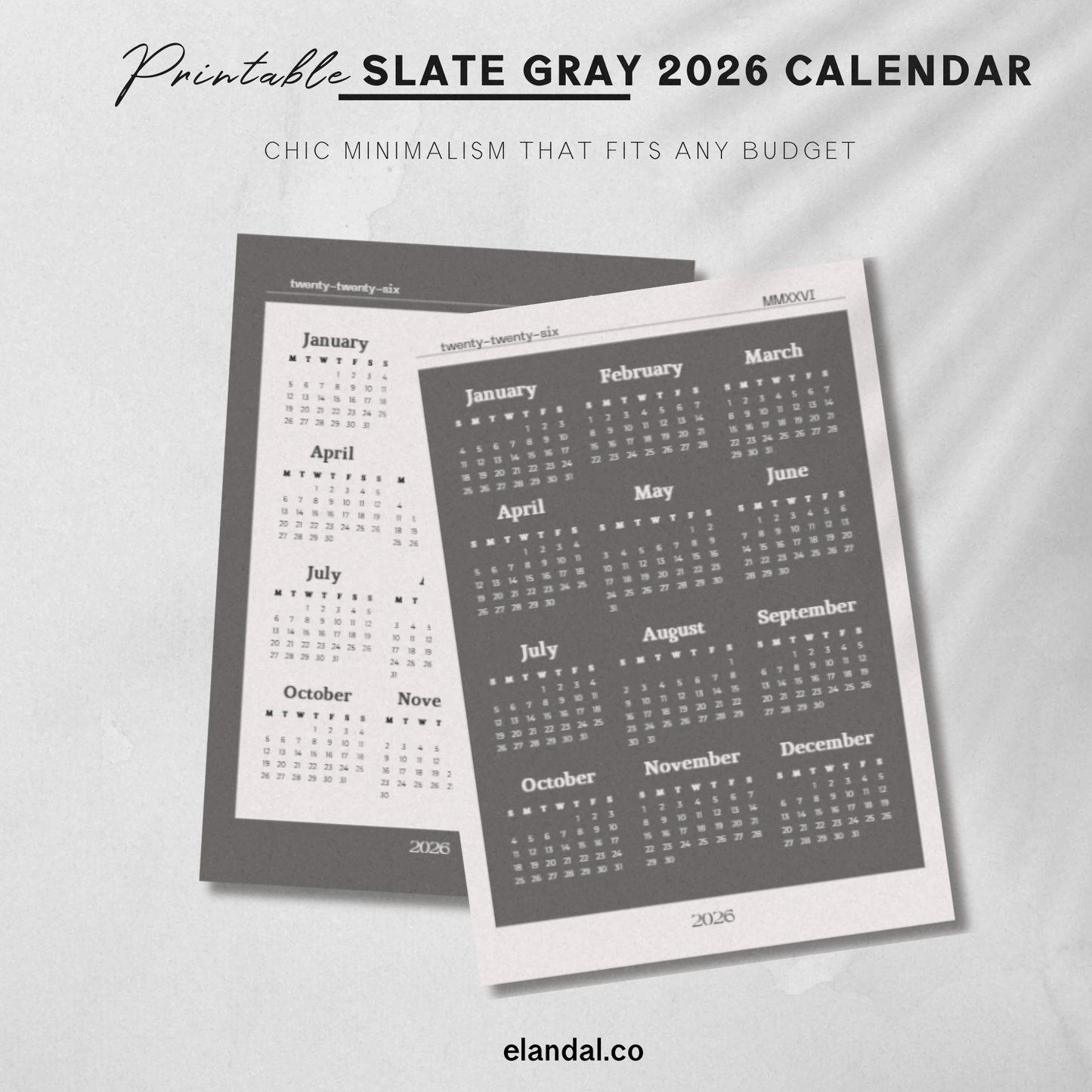 2026 Printable Slate Gray/Off White One-Page Calendar Set