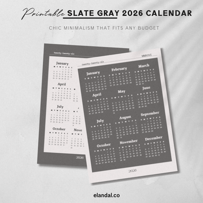 2026 Printable Slate Gray/Off White One-Page Calendar Set