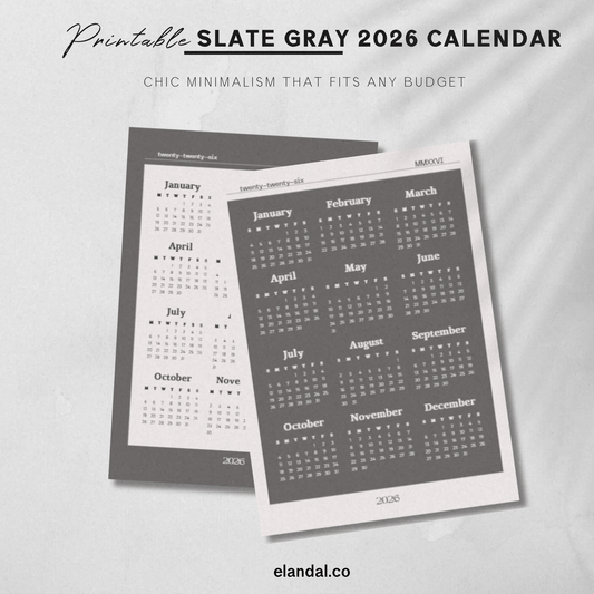 2026 Printable Slate Gray/Off White One-Page Calendar Set
