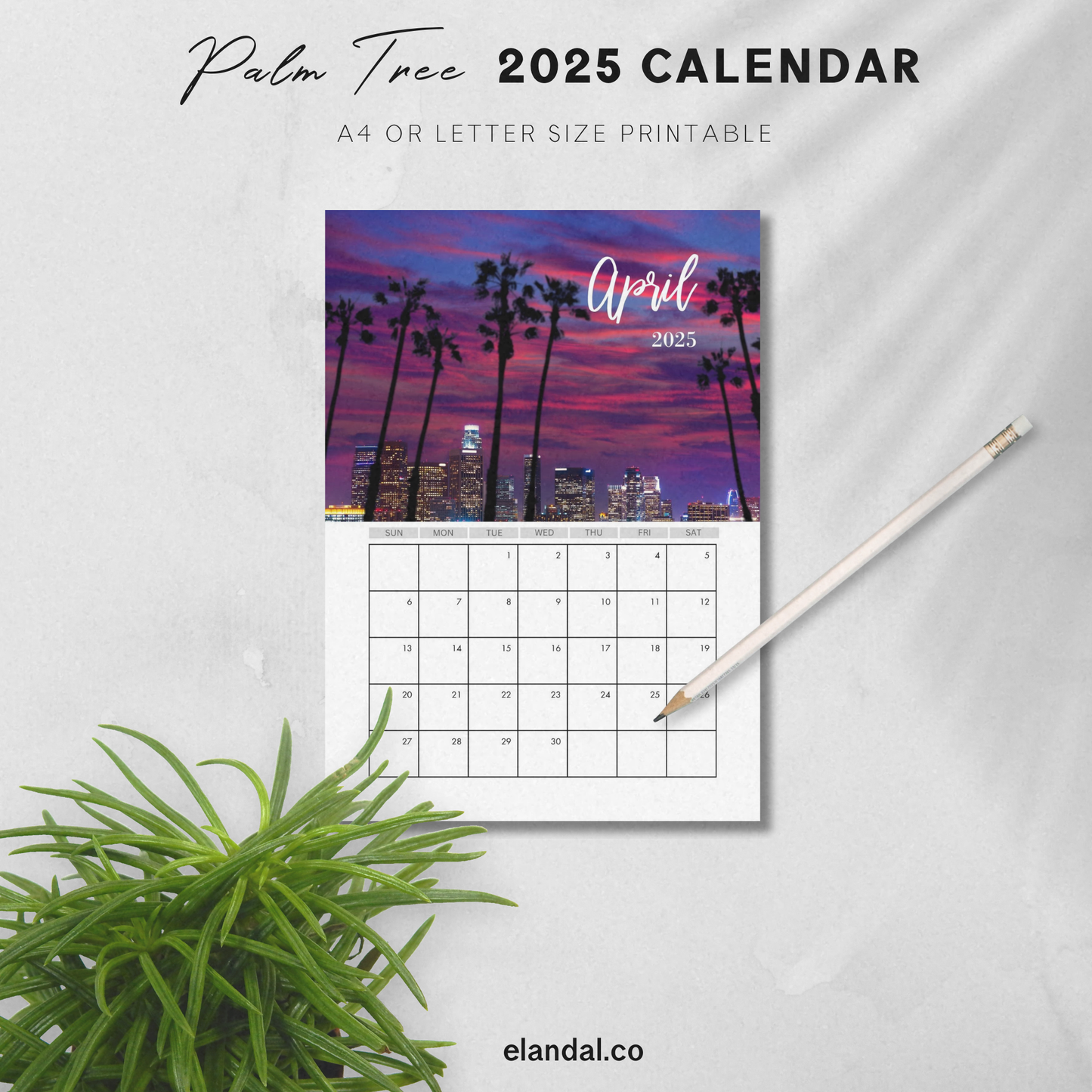 Calendario vertical de palmeras para imprimir en 2025