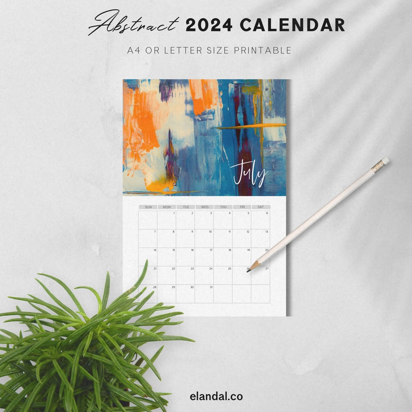 Calendario mensual vertical imprimible de arte abstracto 2025