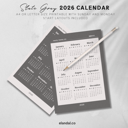 2026 Printable Slate Gray/Off White One-Page Calendar Set