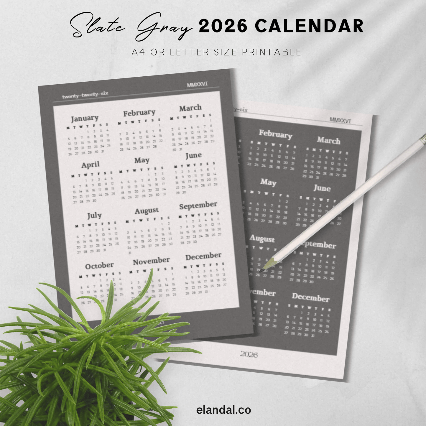 2026 Printable Slate Gray/Off White One-Page Calendar Set