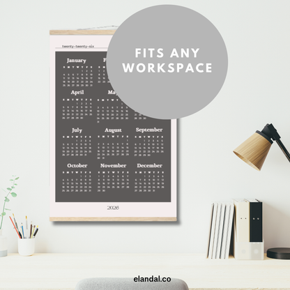 2026 Slate Grey Poster Print Calendar - Light Border with Hangers