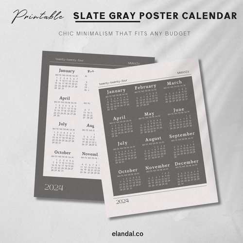 Printable 2024 Slate Gray Poster Calendar, Available in 2 Sizes, Instant Download