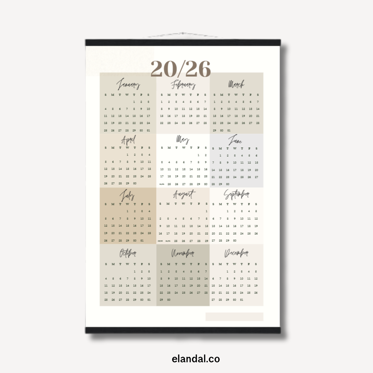 2026 Print Neutral Color Block Poster Calendar with Hangers