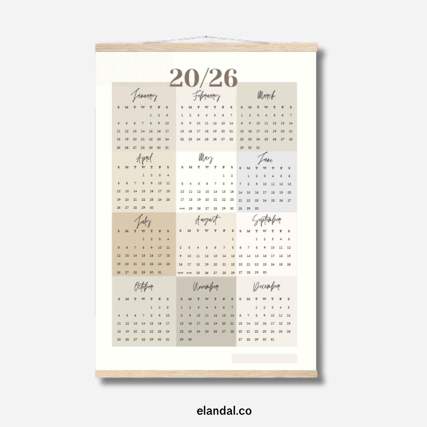 2026 Print Neutral Color Block Poster Calendar with Hangers
