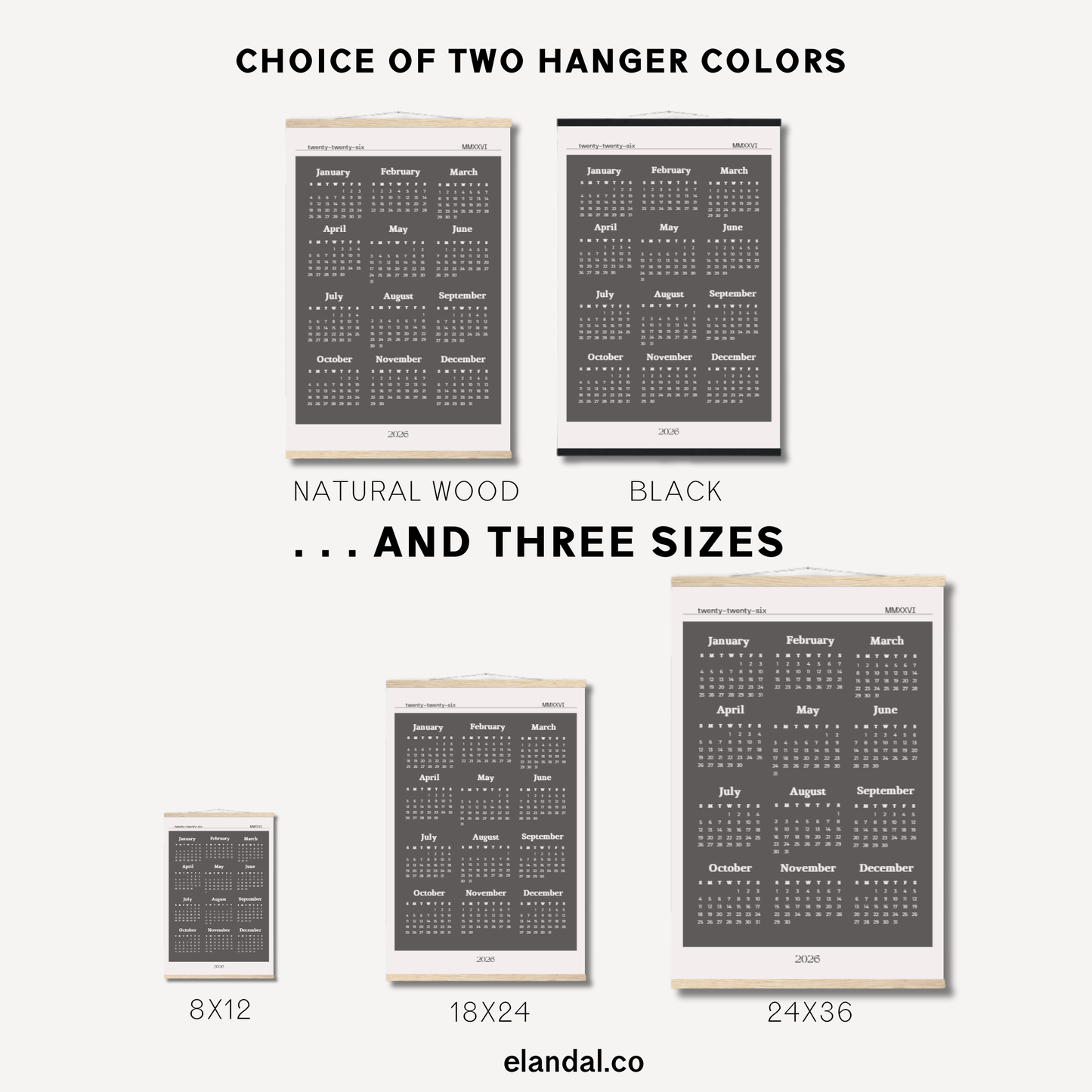 2026 Slate Grey Poster Print Calendar - Light Border with Hangers