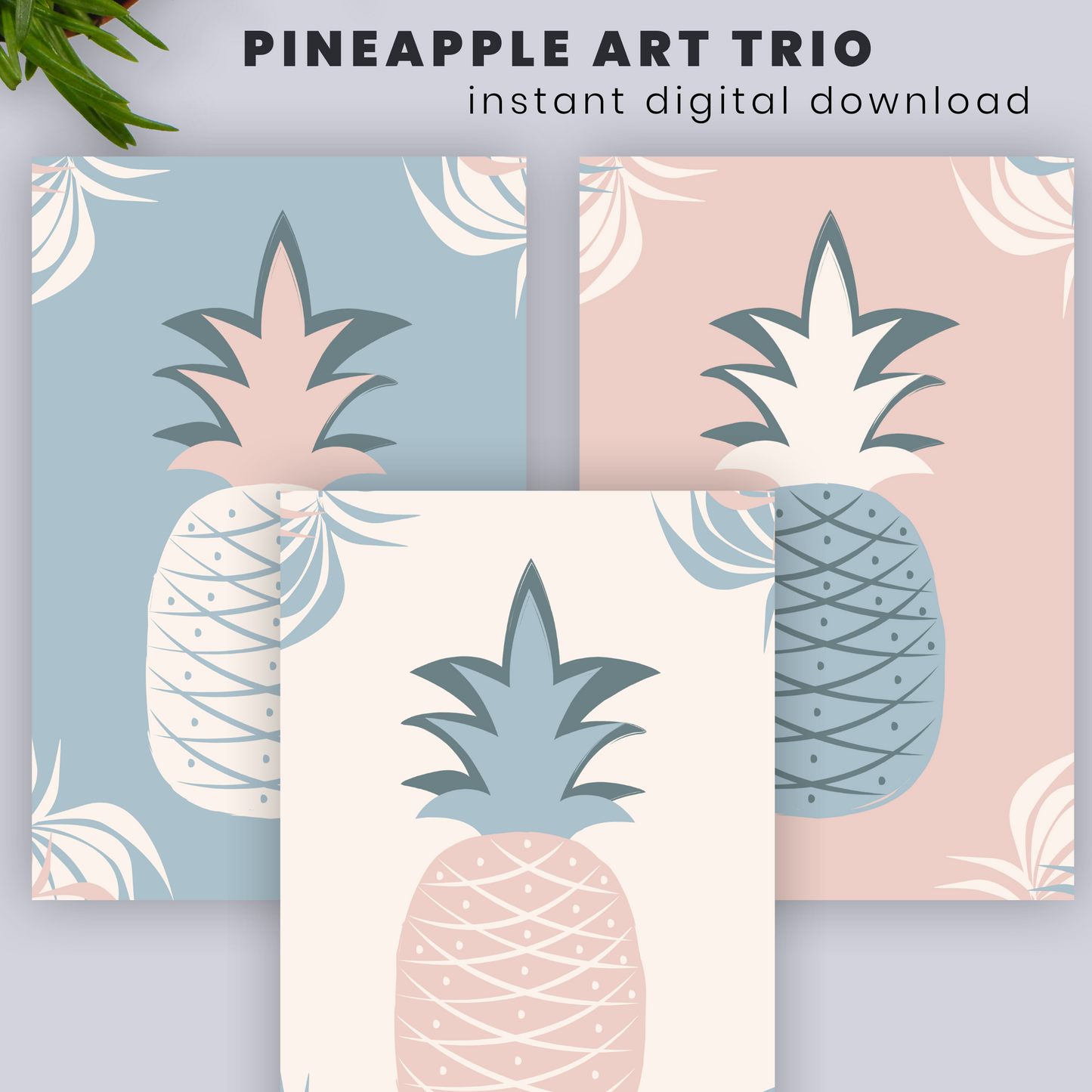 Printable Pink and Blue Pineapple Tropical Wall Art for Workspace