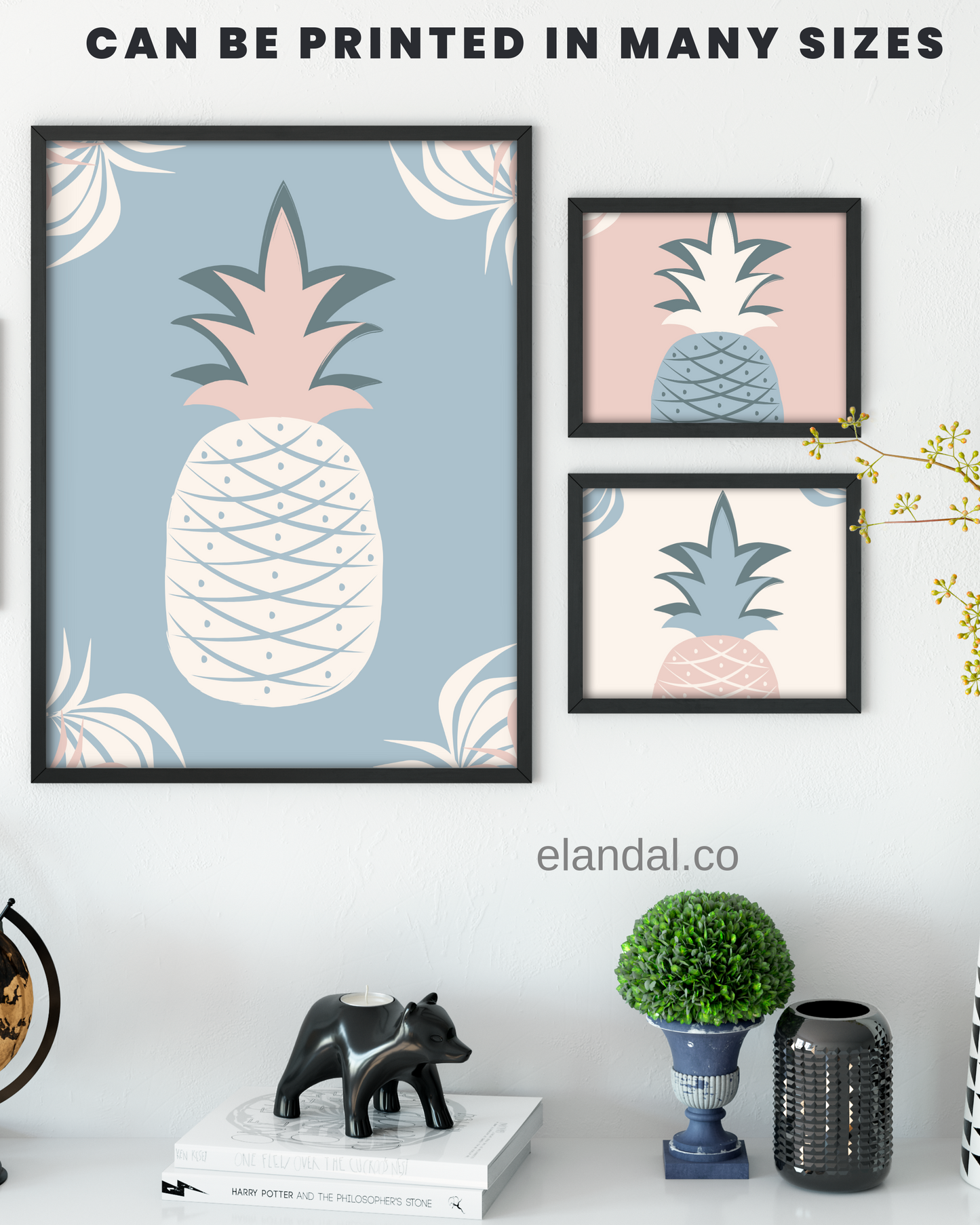 Printable Pink and Blue Pineapple Tropical Wall Art for Workspace