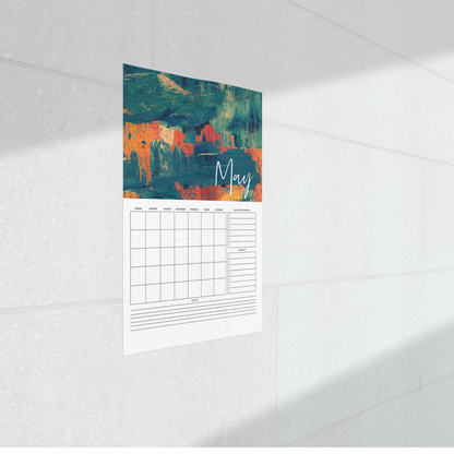 Calendario mensual vertical imprimible de arte abstracto sin fecha con lista de tareas y notas