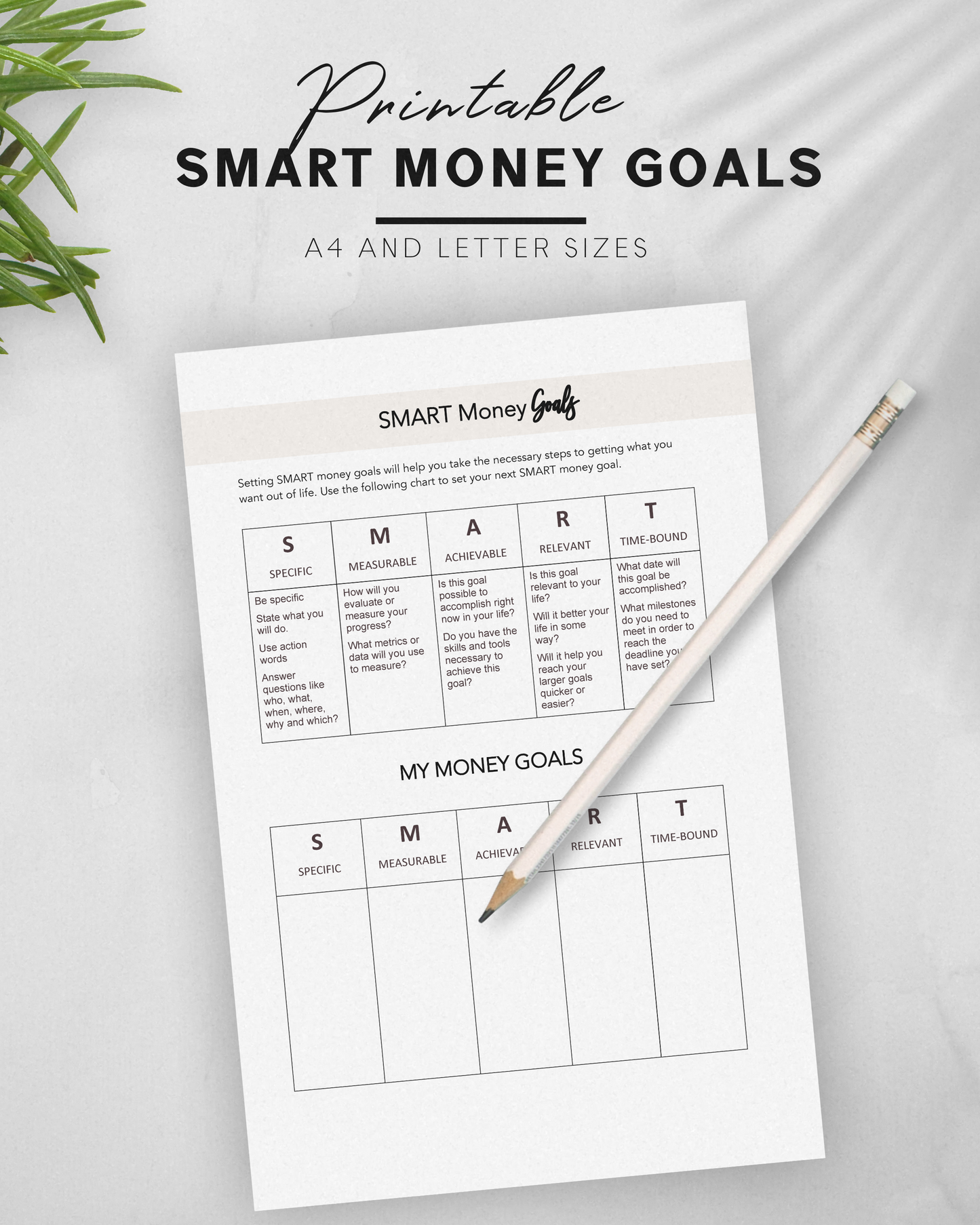 Recurso imprimible de planificación financiera y presupuesto con objetivos SMART Money