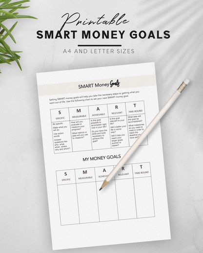 Recurso imprimible de planificación financiera y presupuesto con objetivos SMART Money